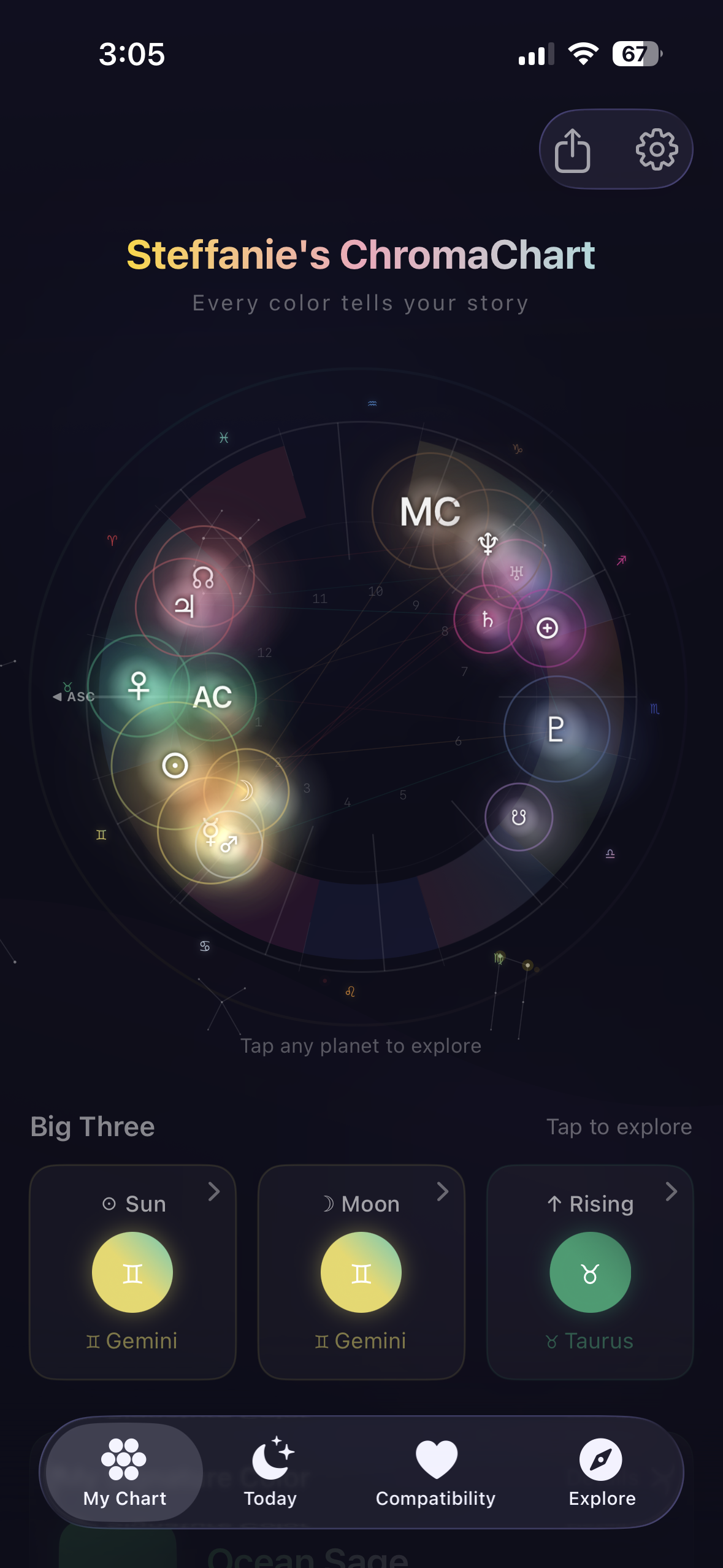 ChromaArchetype Visual Natal Chart - A vibrant color astrology reading mapping planets and aspects to an esoteric color wheel on iOS