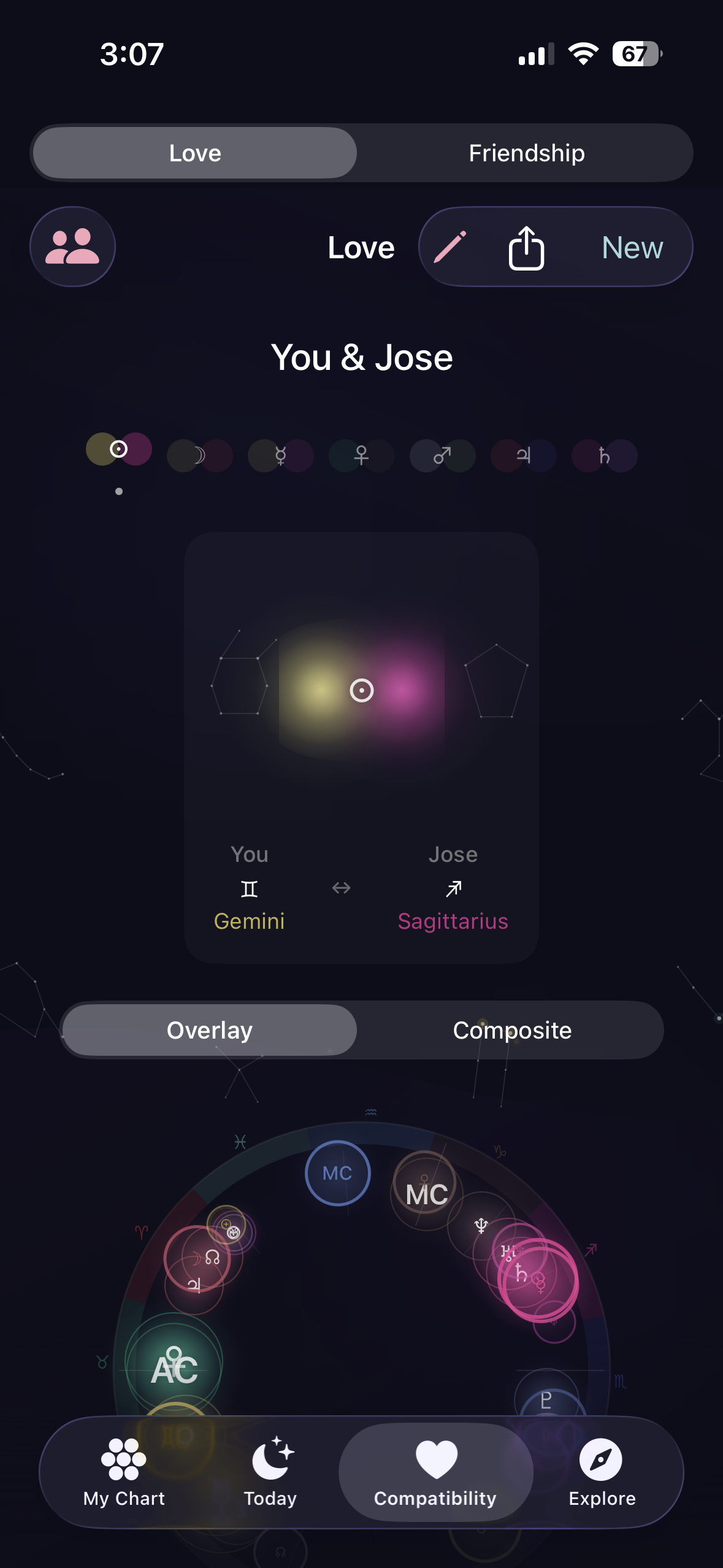 ChromaArchetype Compatibility Chart - Visual synastry and relationship astrology blending two birth charts into an interactive color aura